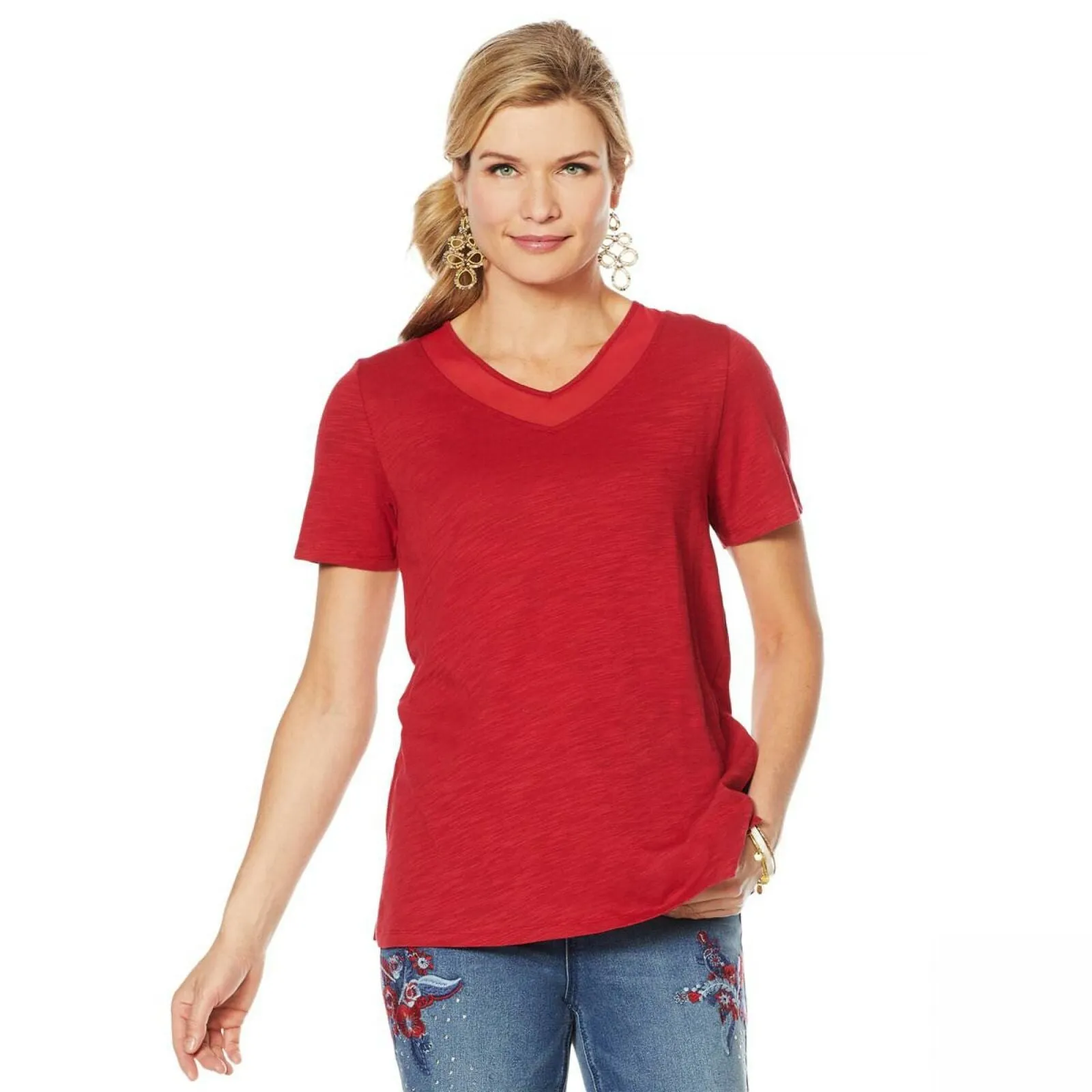 DG2 by Diane Gilman Women's Short Sleeve Mesh Insert V-Neck T-Shirt
