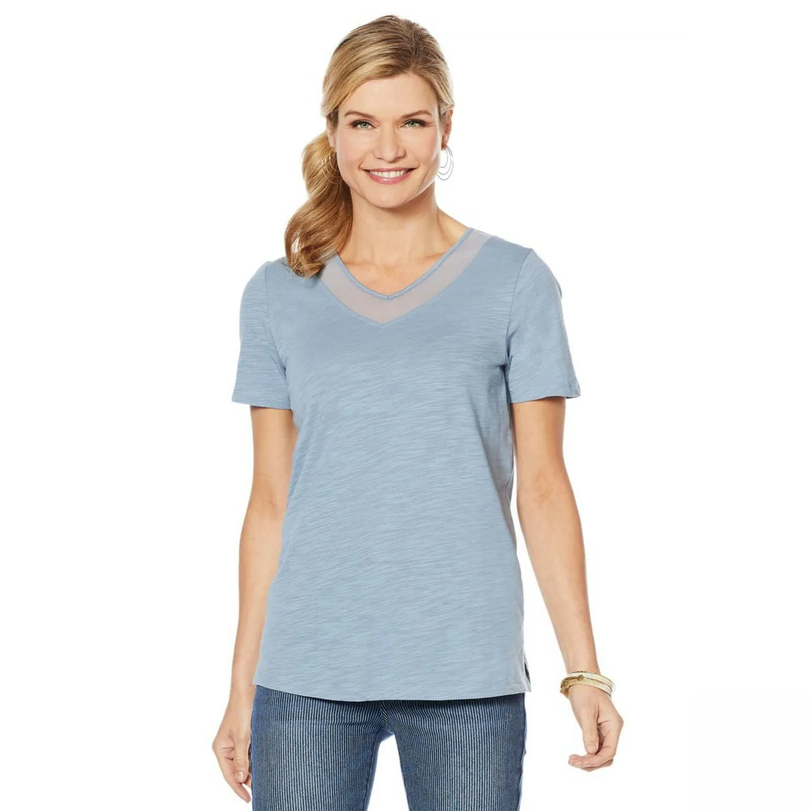DG2 by Diane Gilman Women's Short Sleeve Mesh Insert V-Neck T-Shirt