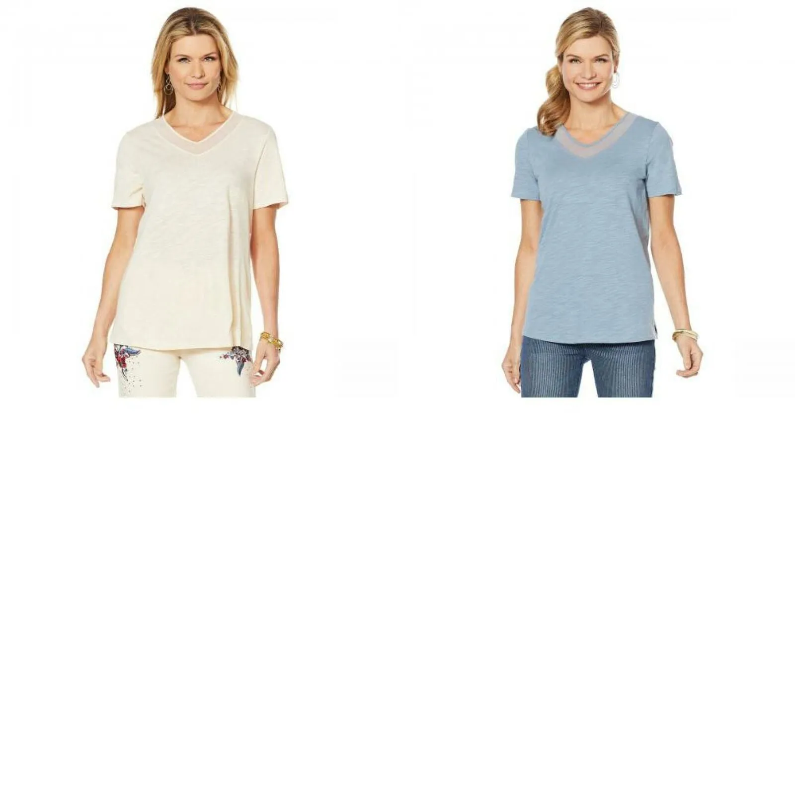 DG2 by Diane Gilman Women's Short Sleeve Mesh Insert V-Neck T-Shirt