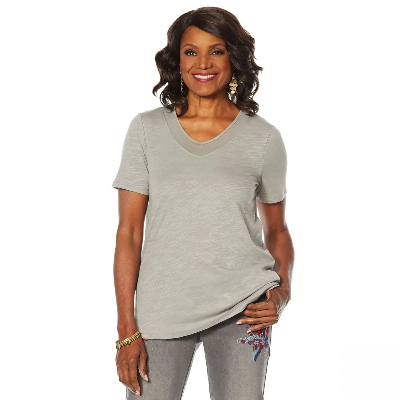 DG2 by Diane Gilman Women's Short Sleeve Mesh Insert V-Neck T-Shirt