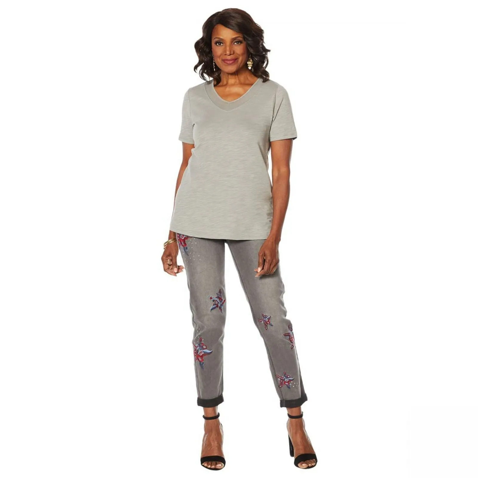 DG2 by Diane Gilman Women's Short Sleeve Mesh Insert V-Neck T-Shirt
