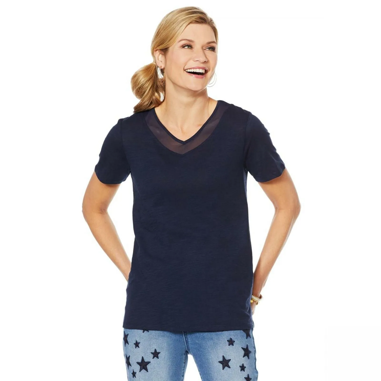 DG2 by Diane Gilman Women's Short Sleeve Mesh Insert V-Neck T-Shirt