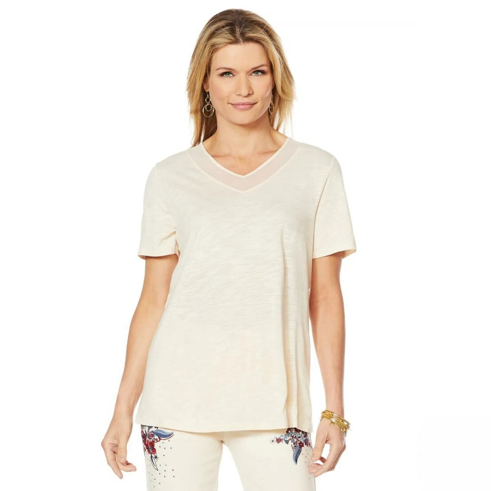 DG2 by Diane Gilman Women's Short Sleeve Mesh Insert V-Neck T-Shirt