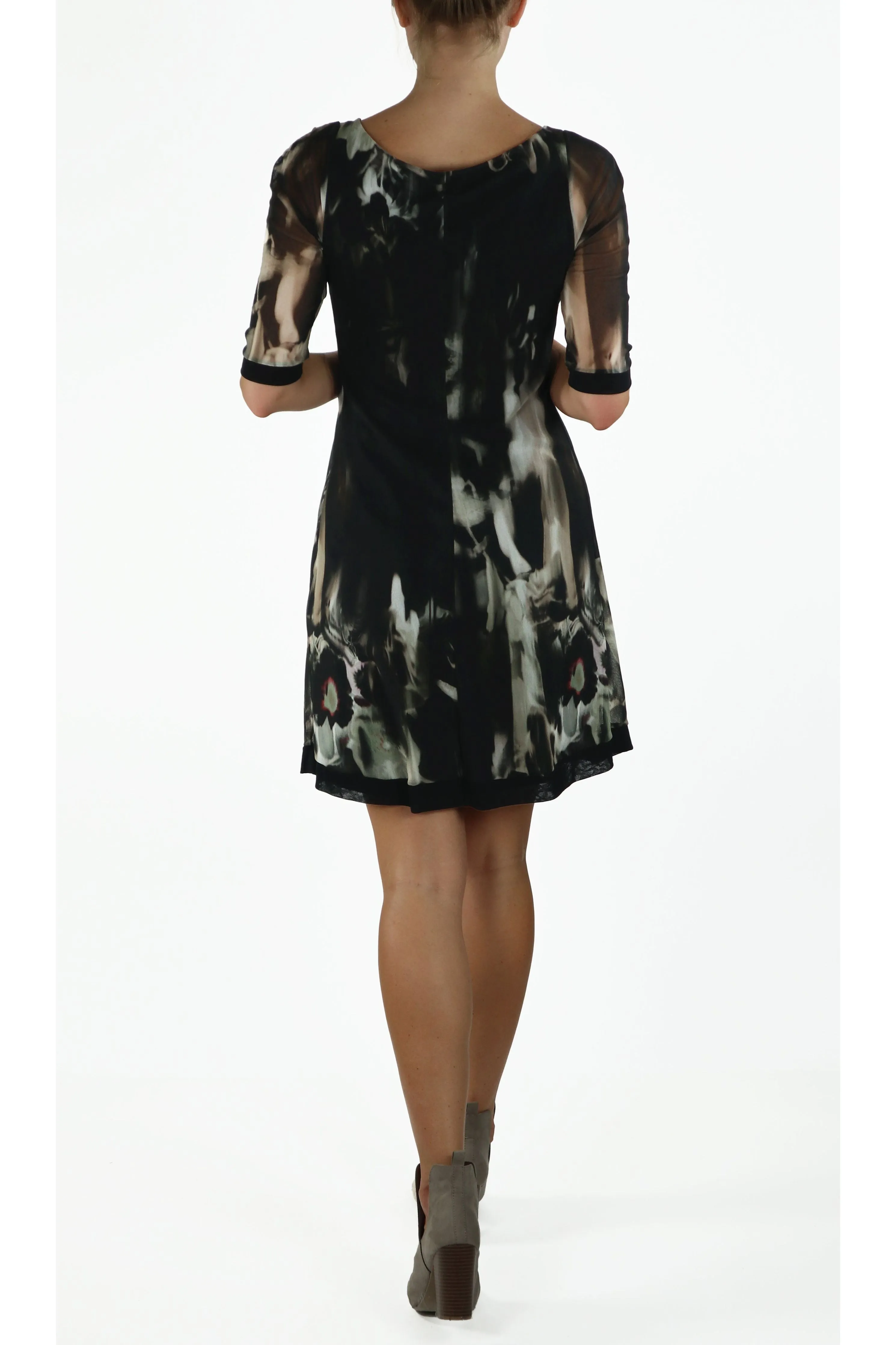 EARLINA Grommets and Ribbon 3/4 Sleeves A-Line Trapeze Dress