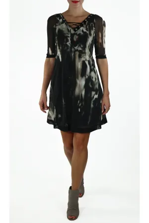 EARLINA Grommets and Ribbon 3/4 Sleeves A-Line Trapeze Dress