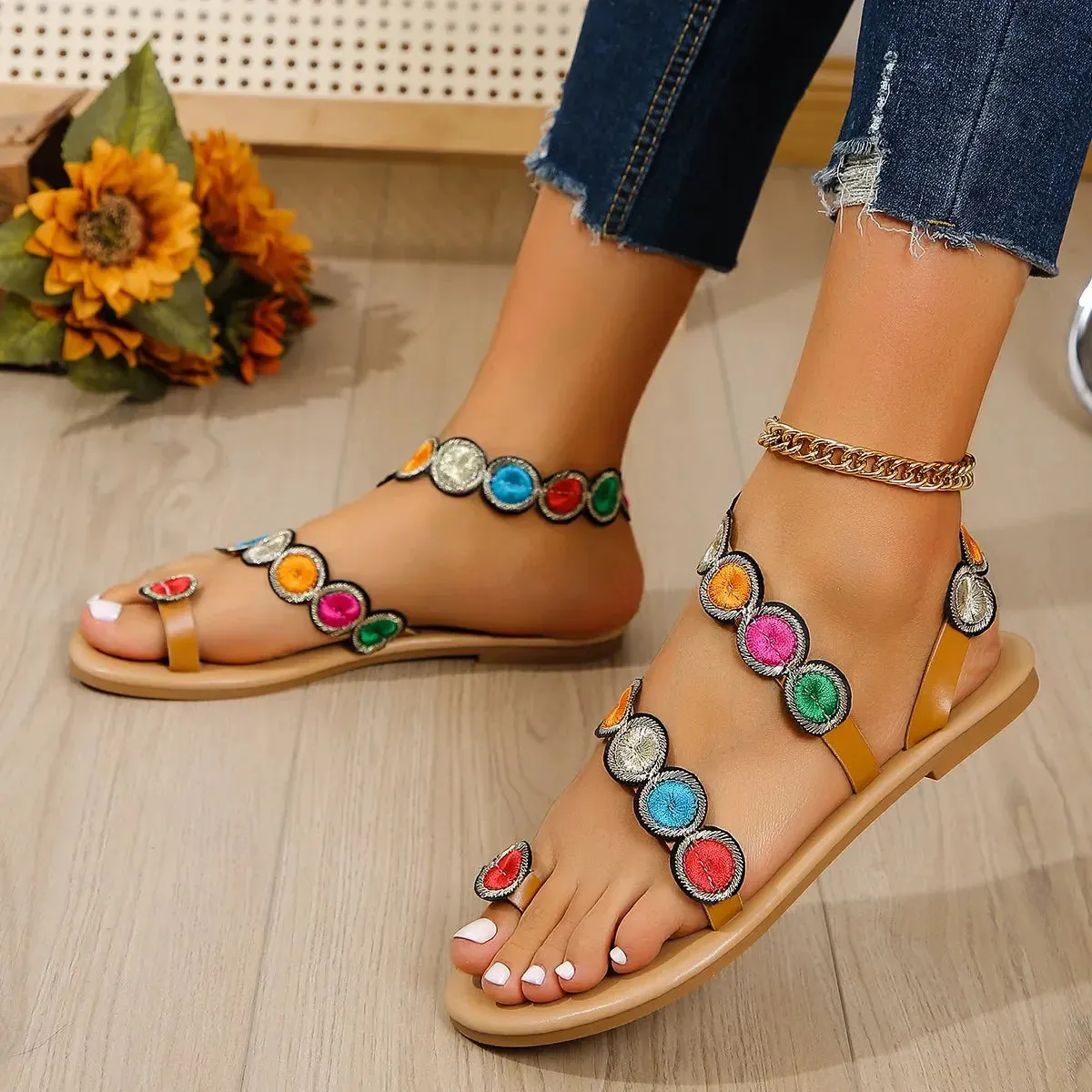 Embroidered Faux Flower Fashion Sandals Flat Plus Outdoor Beach Shoes Travel