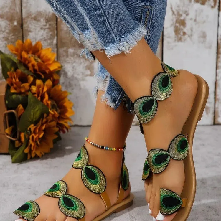 Embroidered Faux Flower Fashion Sandals Flat Plus Outdoor Beach Shoes Travel