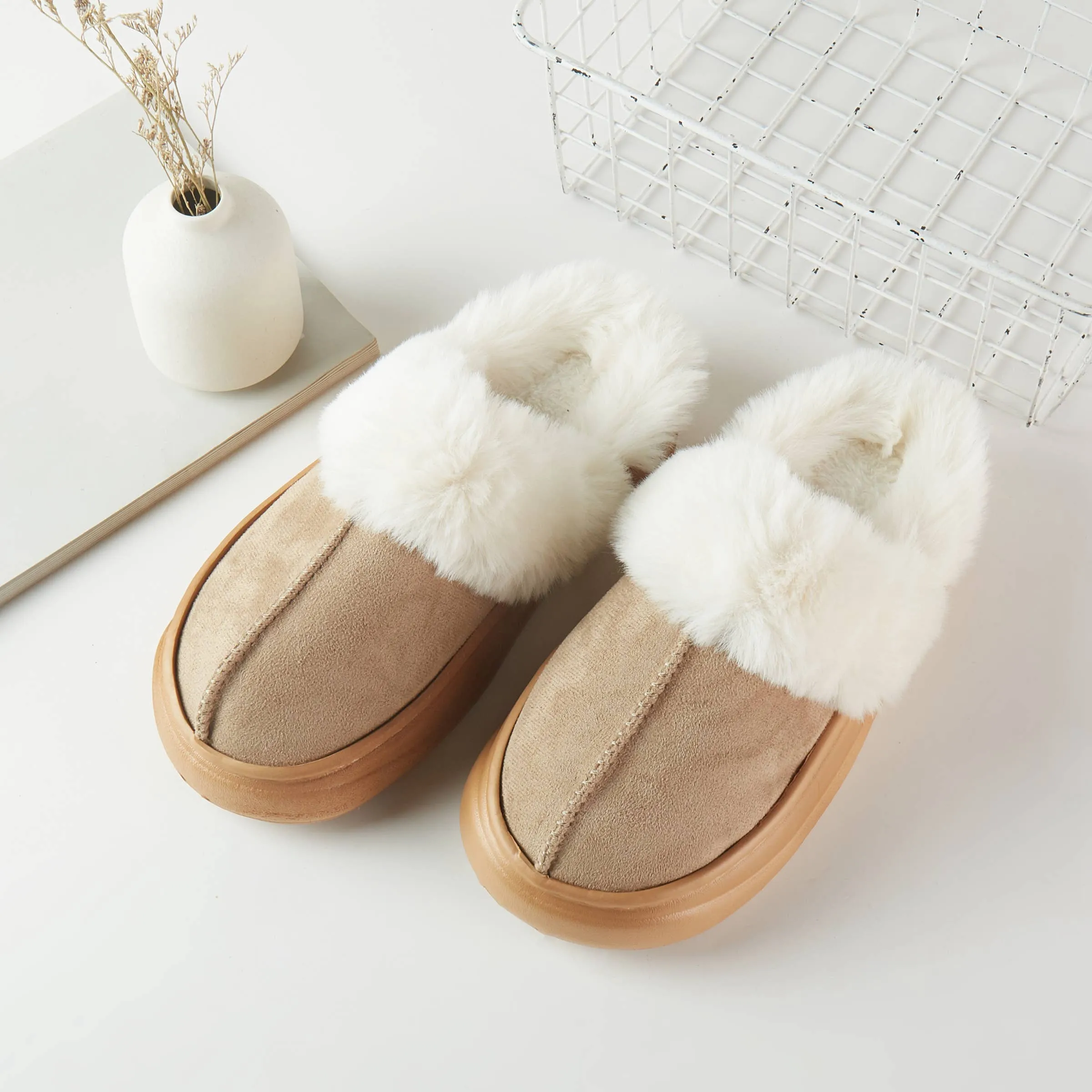 Faux Fur Slippers in Taupe