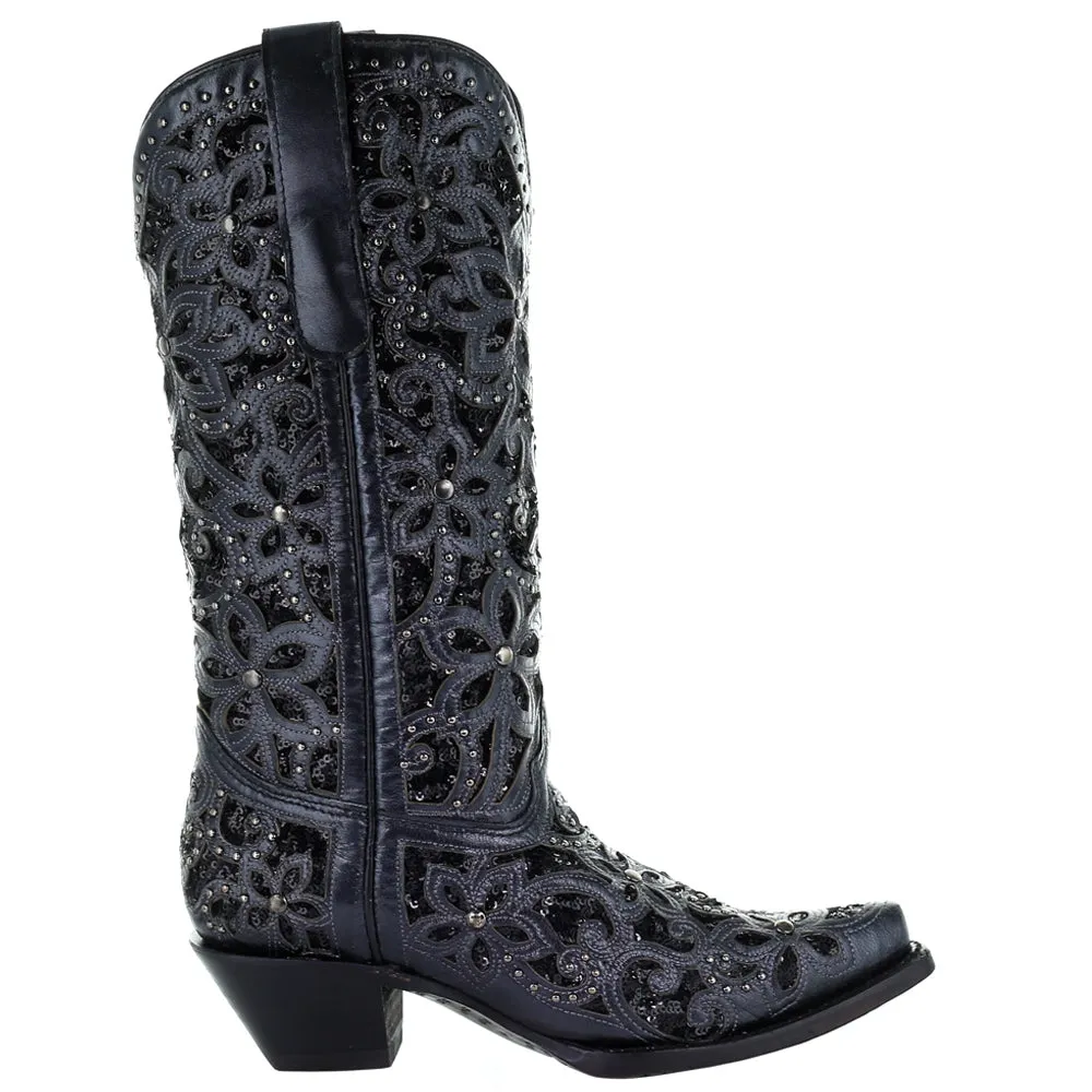 Floral Studded Rhinestones Sequins Tooled Inlay Snip Toe Cowboy Boots