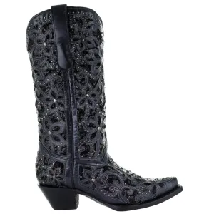 Floral Studded Rhinestones Sequins Tooled Inlay Snip Toe Cowboy Boots