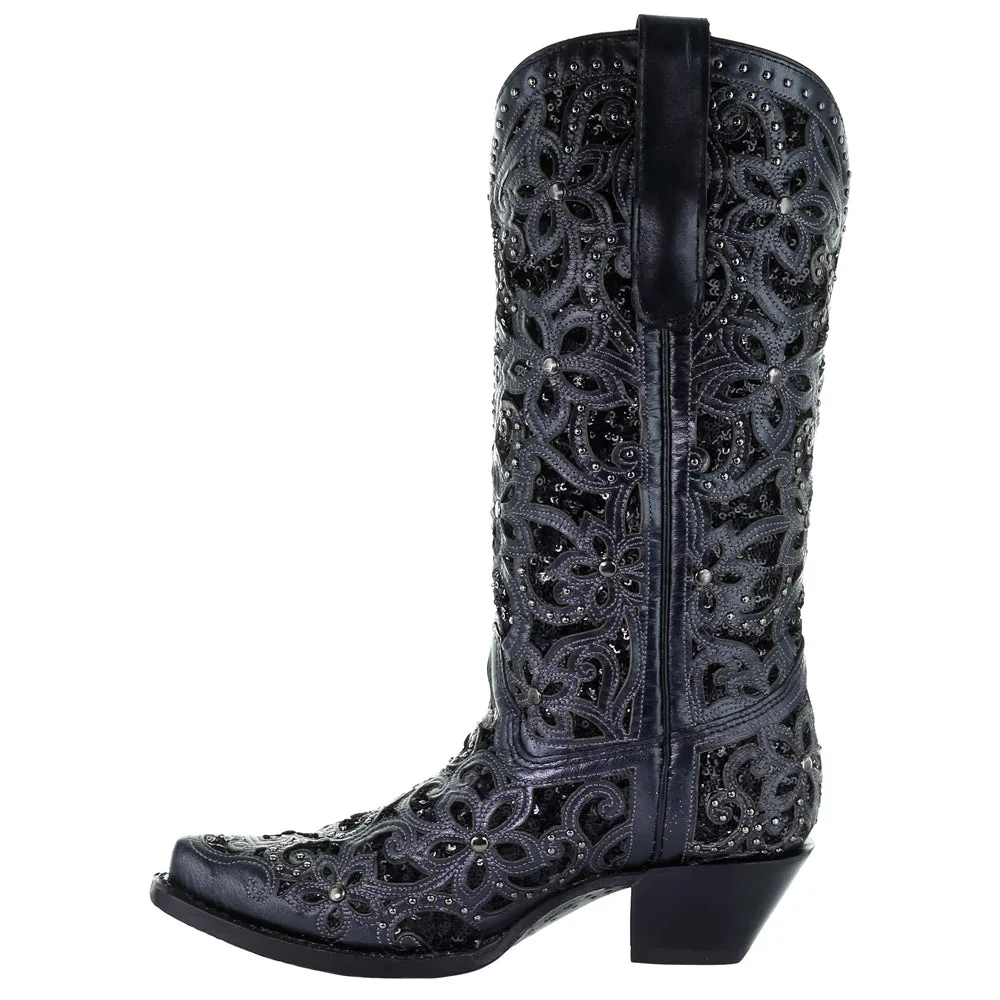 Floral Studded Rhinestones Sequins Tooled Inlay Snip Toe Cowboy Boots
