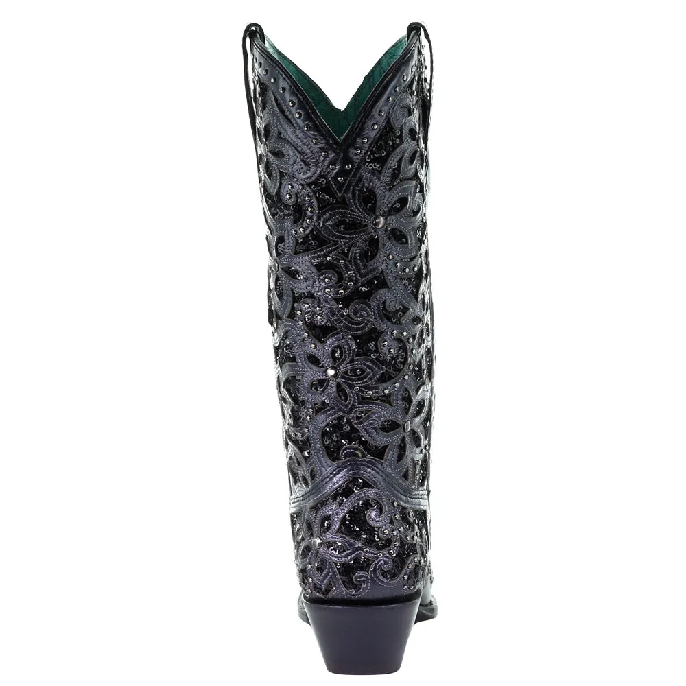Floral Studded Rhinestones Sequins Tooled Inlay Snip Toe Cowboy Boots