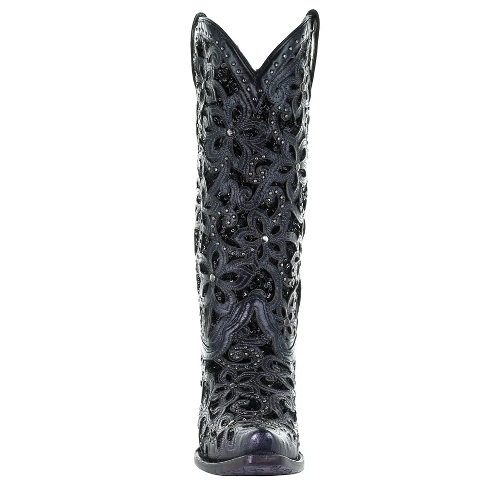 Floral Studded Rhinestones Sequins Tooled Inlay Snip Toe Cowboy Boots