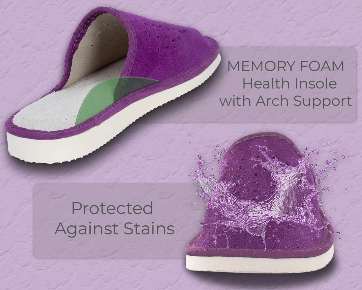FOOTHUGS Women's Natural Leather Mule Slippers with Memory Foam Health Insole - Purple
