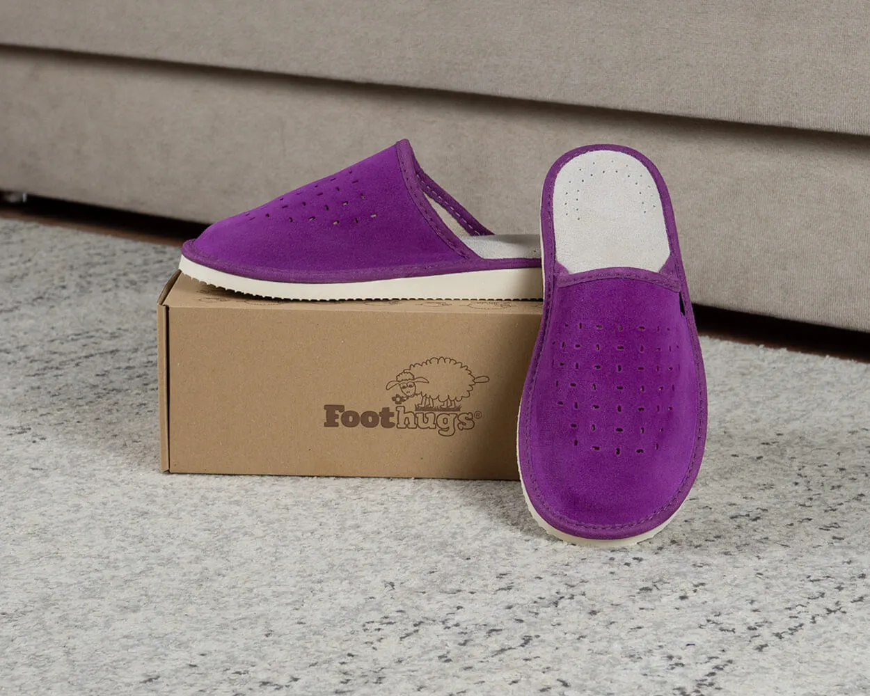 FOOTHUGS Women's Natural Leather Mule Slippers with Memory Foam Health Insole - Purple