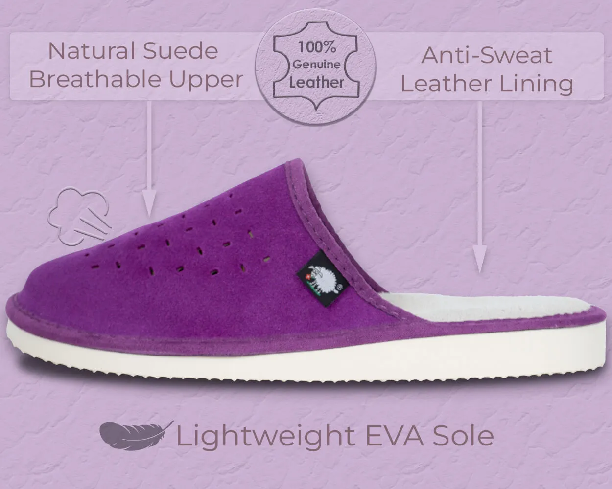FOOTHUGS Women's Natural Leather Mule Slippers with Memory Foam Health Insole - Purple