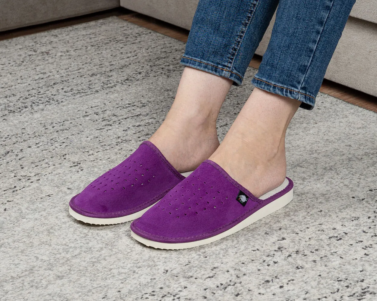 FOOTHUGS Women's Natural Leather Mule Slippers with Memory Foam Health Insole - Purple