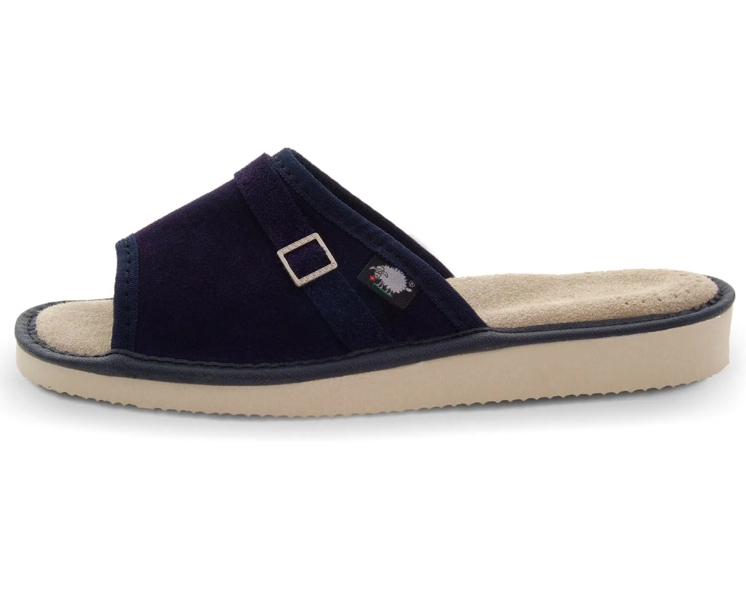 FOOTHUGS Women's Natural Leather Open Toe Slippers with Memory Foam Health Insole - Navy Blue