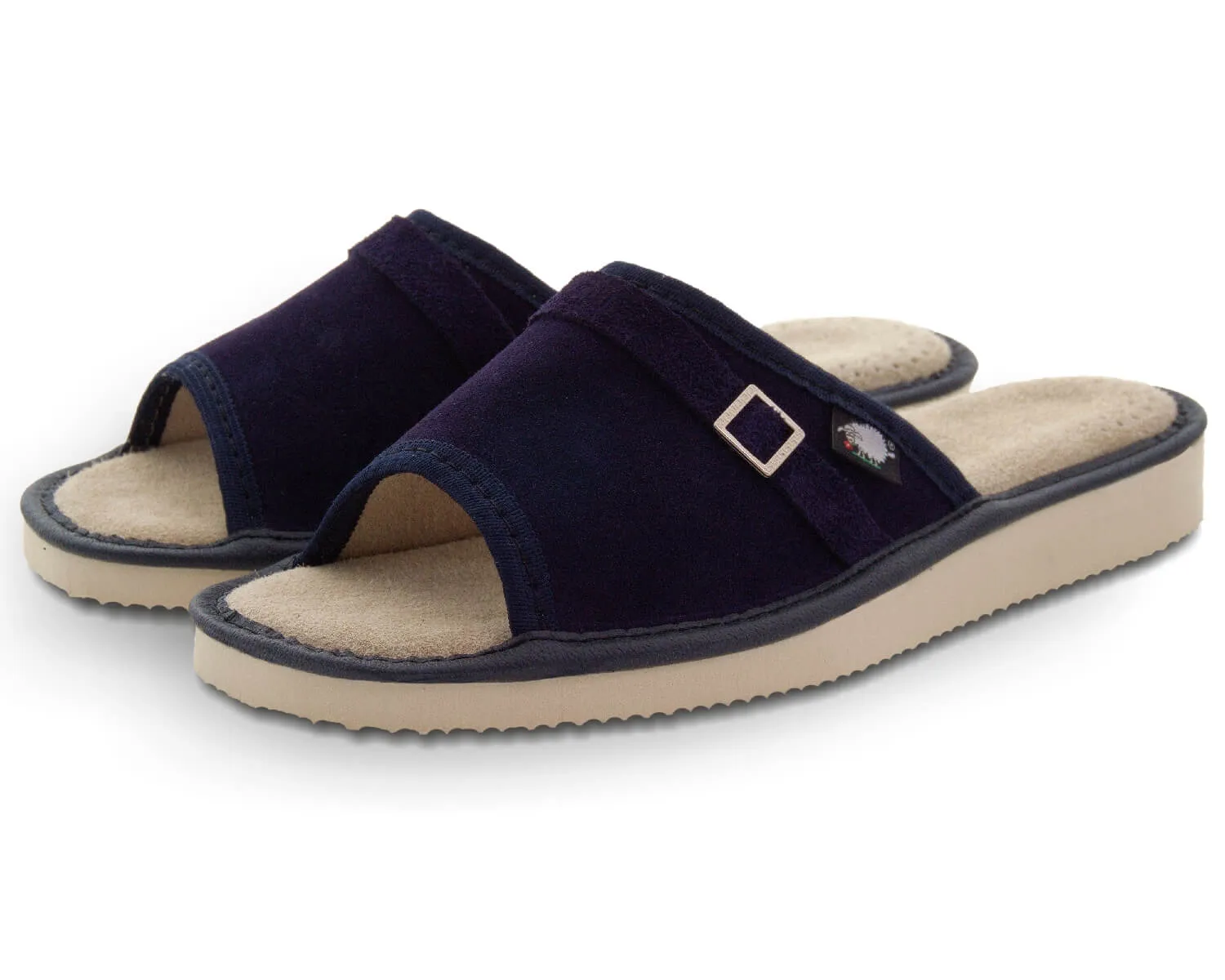 FOOTHUGS Women's Natural Leather Open Toe Slippers with Memory Foam Health Insole - Navy Blue