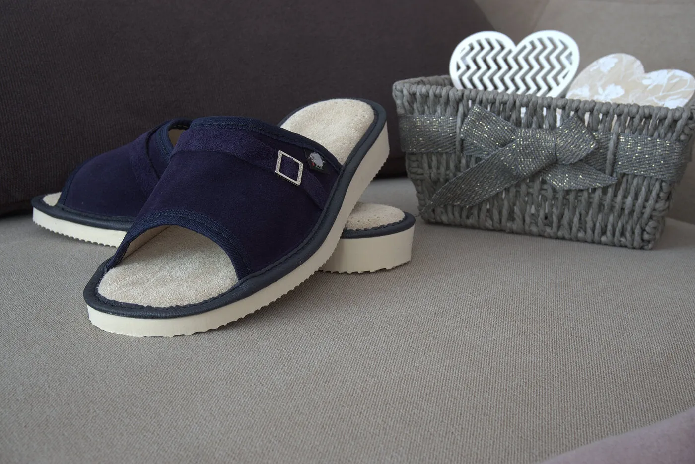 FOOTHUGS Women's Natural Leather Open Toe Slippers with Memory Foam Health Insole - Navy Blue