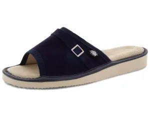 FOOTHUGS Women's Natural Leather Open Toe Slippers with Memory Foam Health Insole - Navy Blue