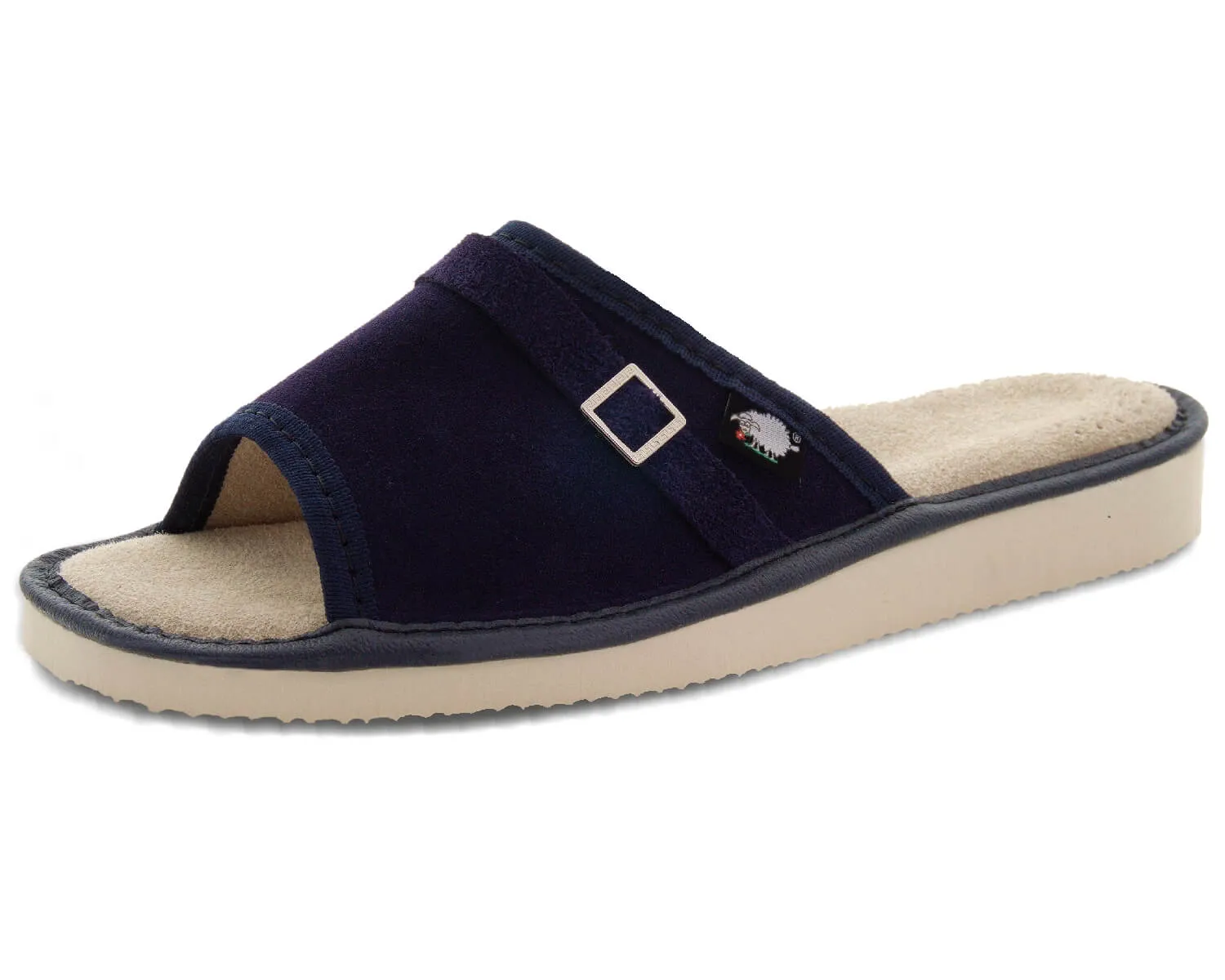 FOOTHUGS Women's Natural Leather Open Toe Slippers with Memory Foam Health Insole - Navy Blue