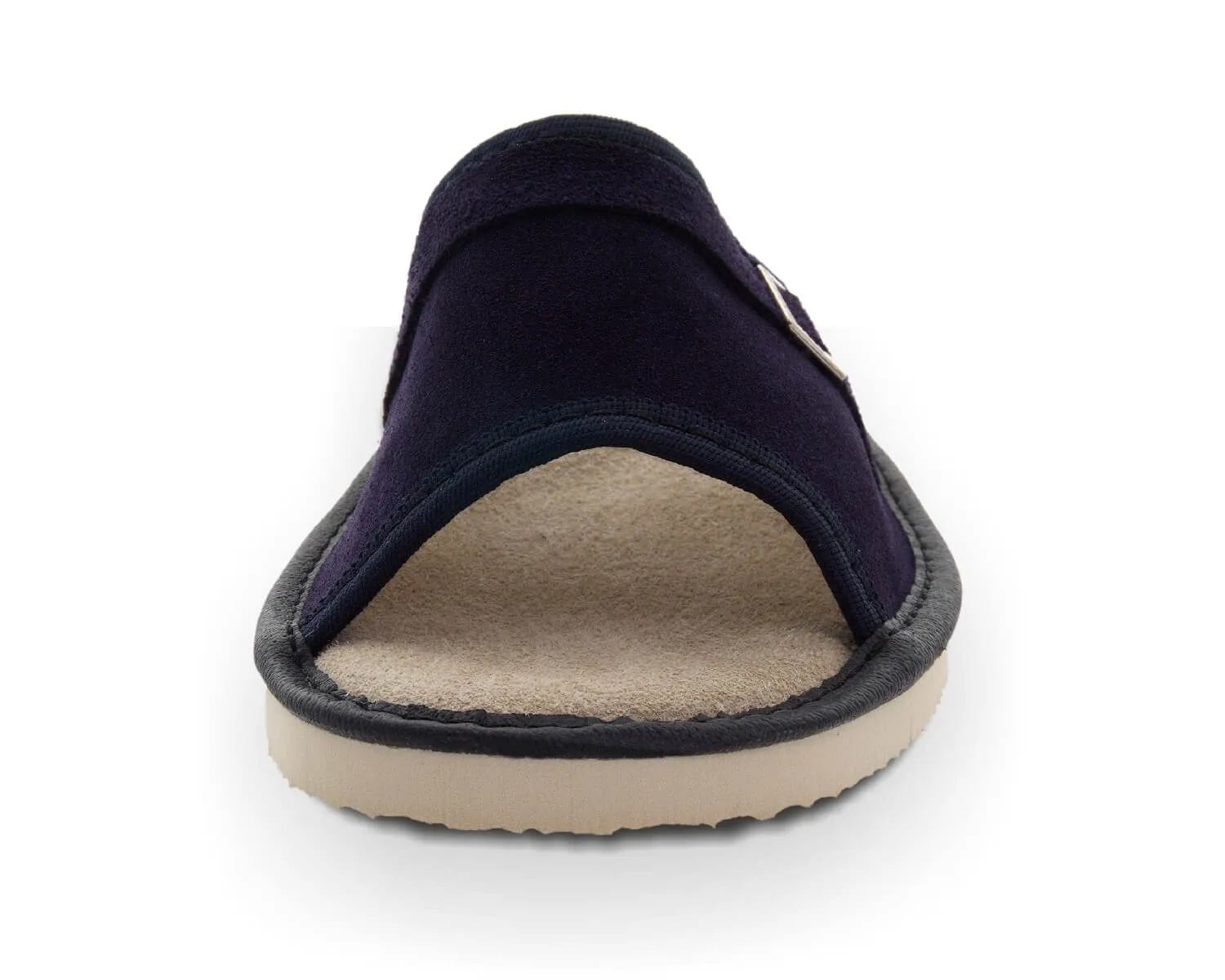 FOOTHUGS Women's Natural Leather Open Toe Slippers with Memory Foam Health Insole - Navy Blue