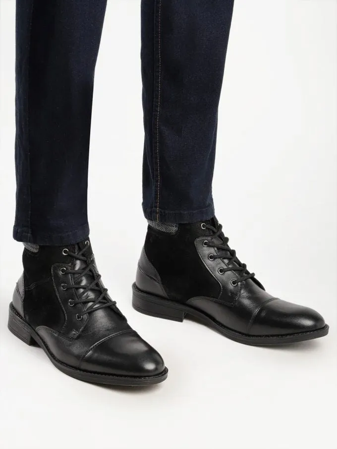 Genuine Leather Black Toe Cap Ankle Boots