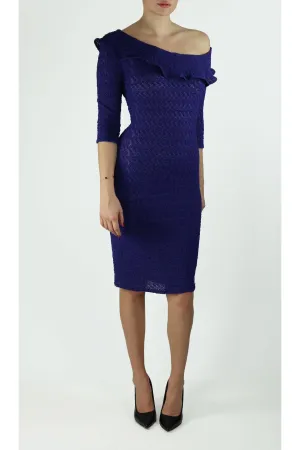 GWYNETH Puckered One-Shoulder 3/4 Sleeve Dress Royal Blue