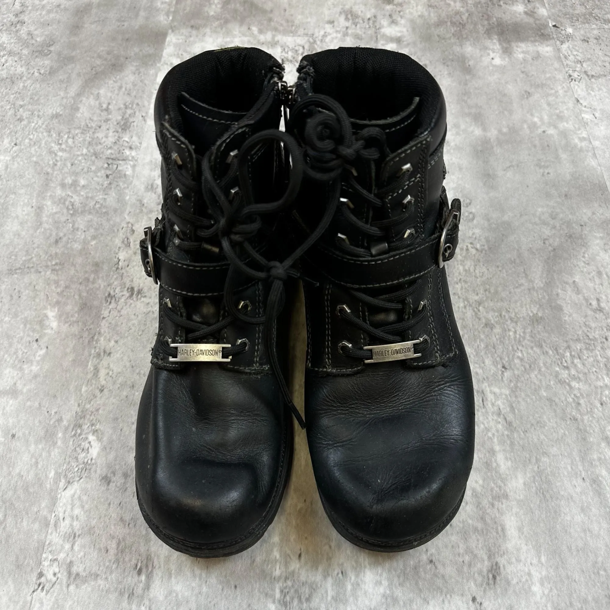 Harley-Davidson Womens Black Leather Boots 8.5W Lace-Up & Zip Rugged Sole Riding Style