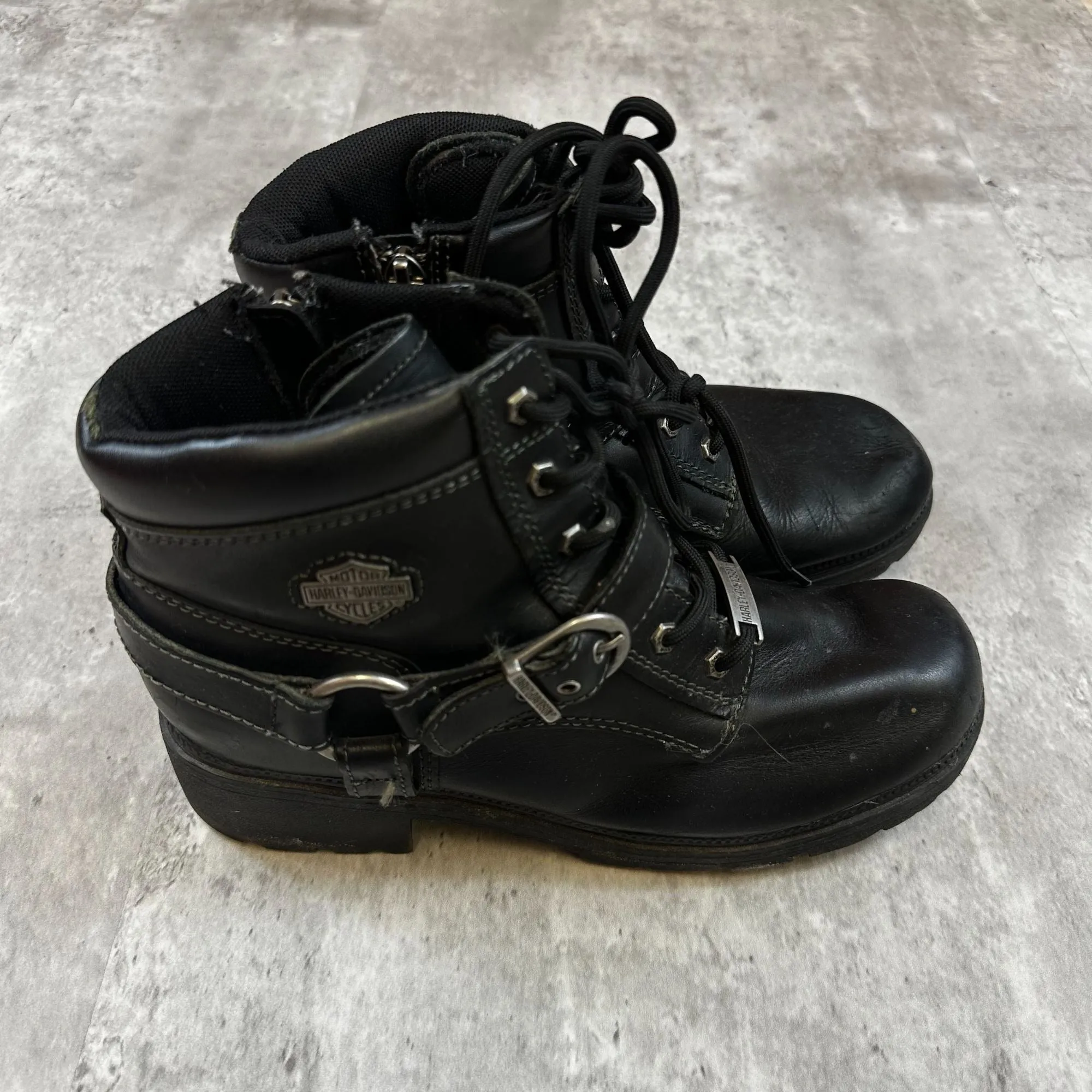 Harley-Davidson Womens Black Leather Boots 8.5W Lace-Up & Zip Rugged Sole Riding Style