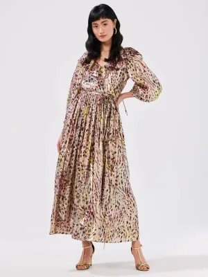 Hayley Menzies HYPNOTIC CHEETAH V NECK FRILL SILK LUREX JACQUARD MAXI DRESS