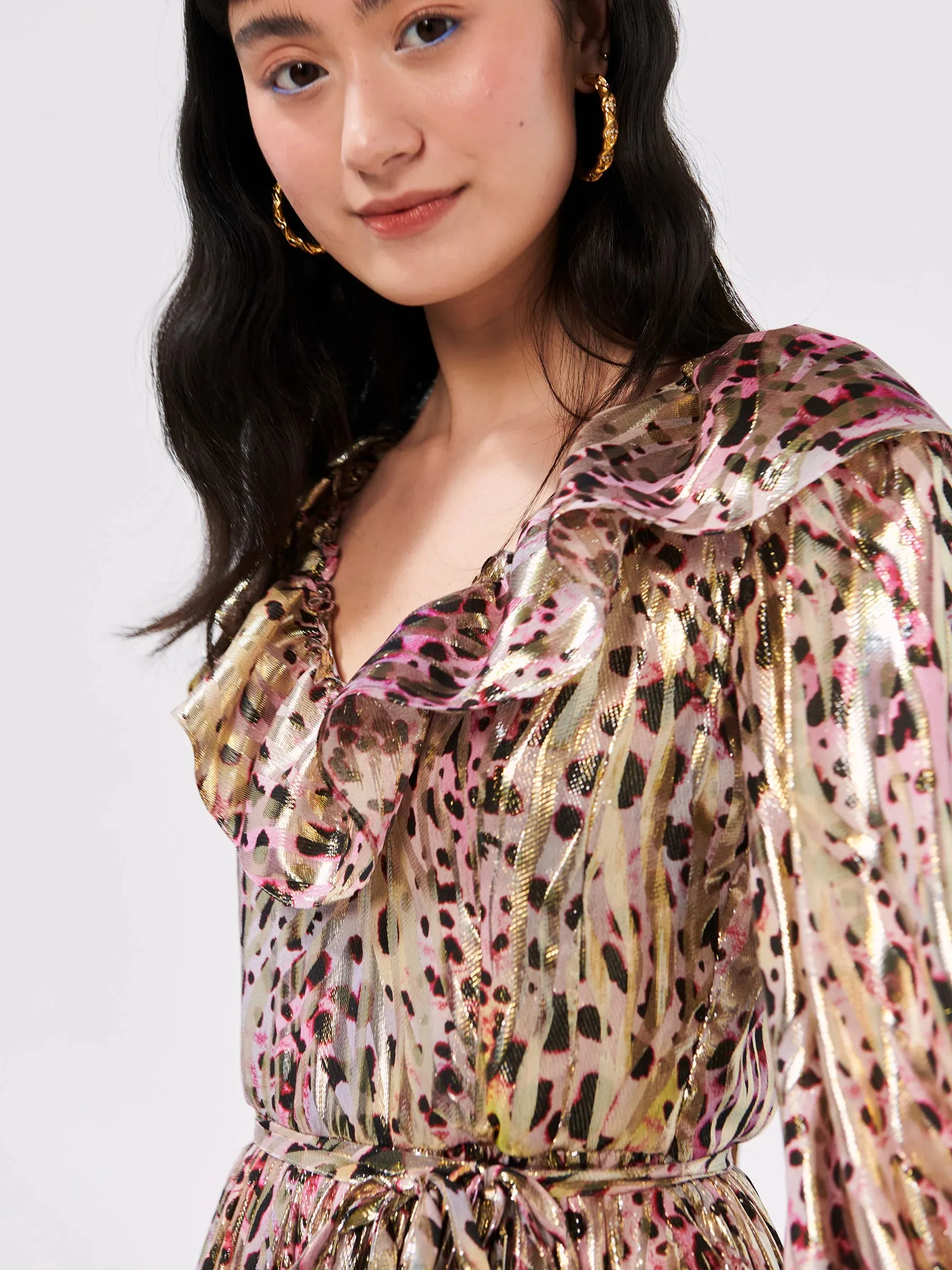 Hayley Menzies HYPNOTIC CHEETAH V NECK FRILL SILK LUREX JACQUARD MAXI DRESS