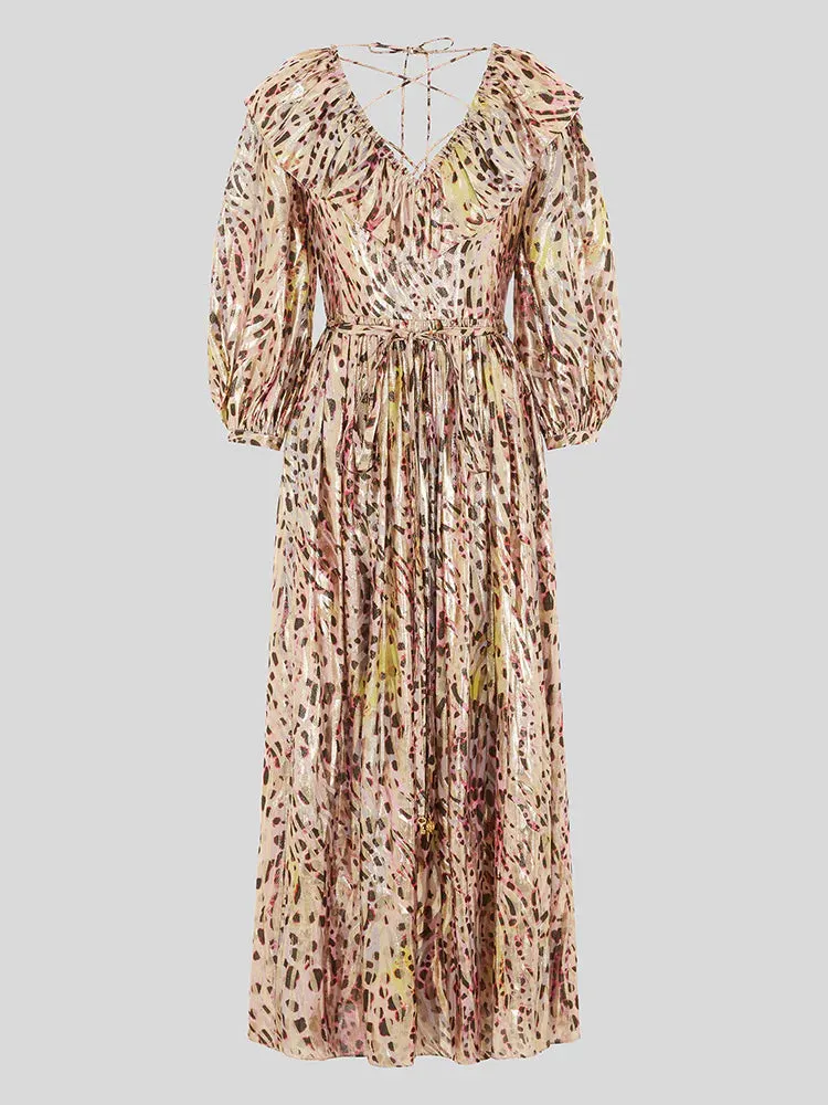 Hayley Menzies HYPNOTIC CHEETAH V NECK FRILL SILK LUREX JACQUARD MAXI DRESS