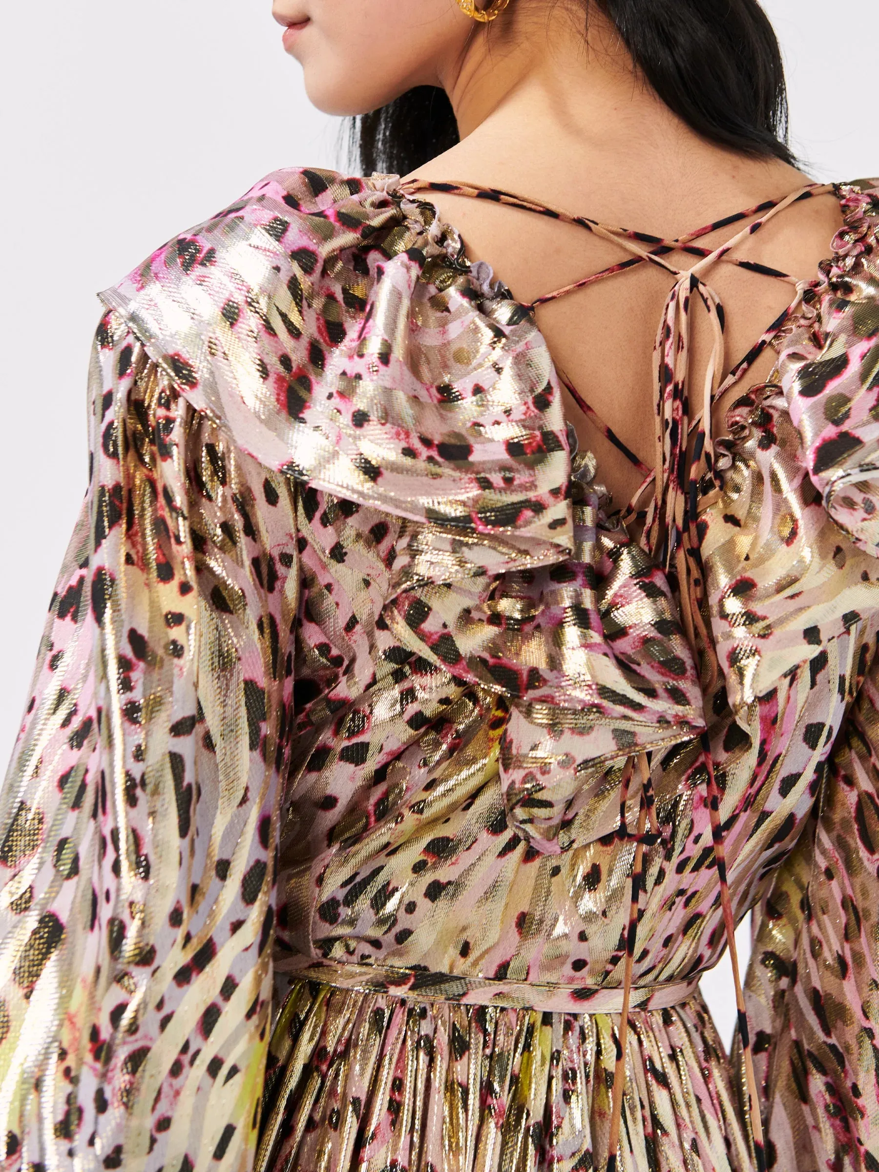 Hayley Menzies HYPNOTIC CHEETAH V NECK FRILL SILK LUREX JACQUARD MAXI DRESS
