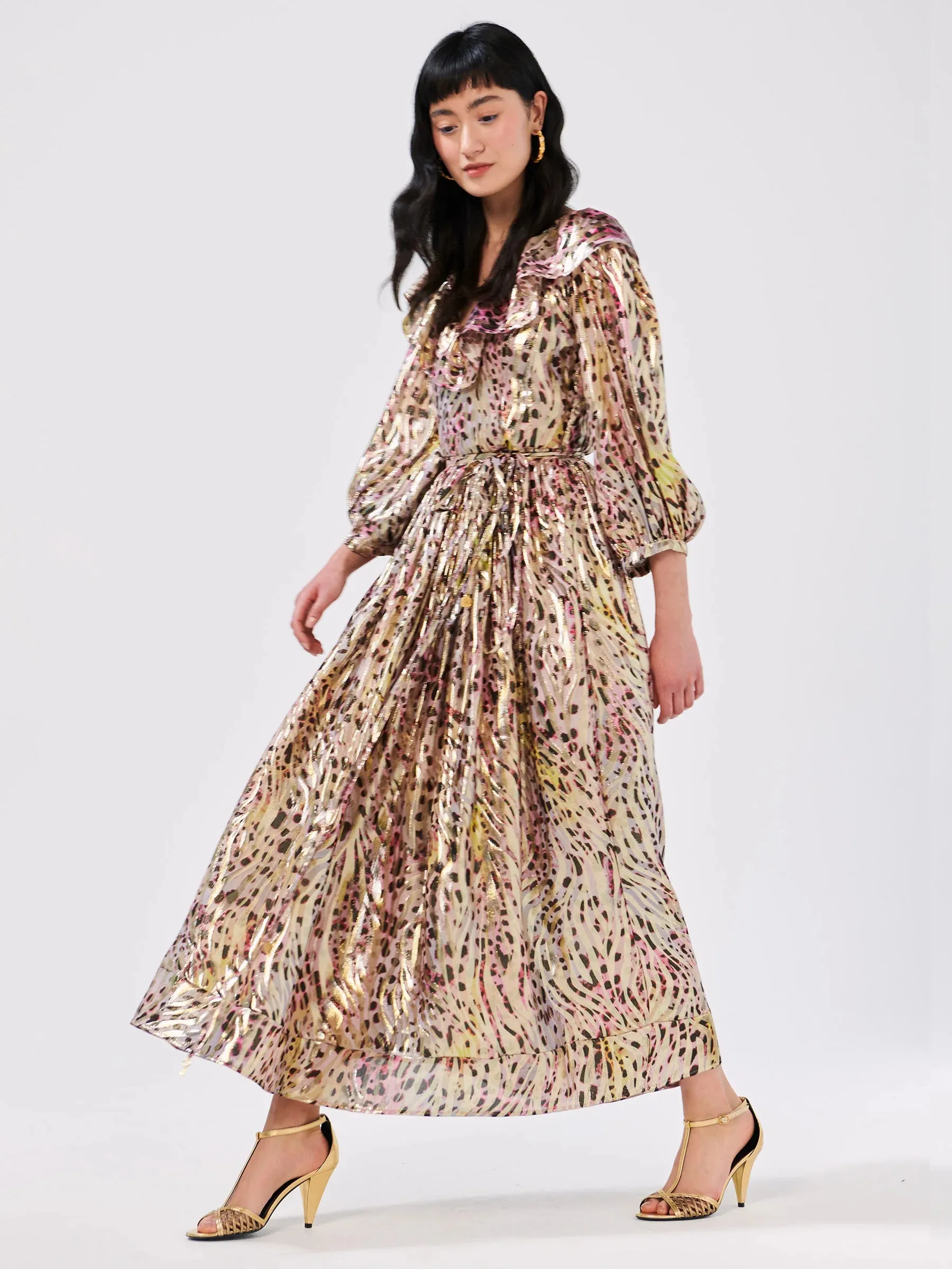 Hayley Menzies HYPNOTIC CHEETAH V NECK FRILL SILK LUREX JACQUARD MAXI DRESS