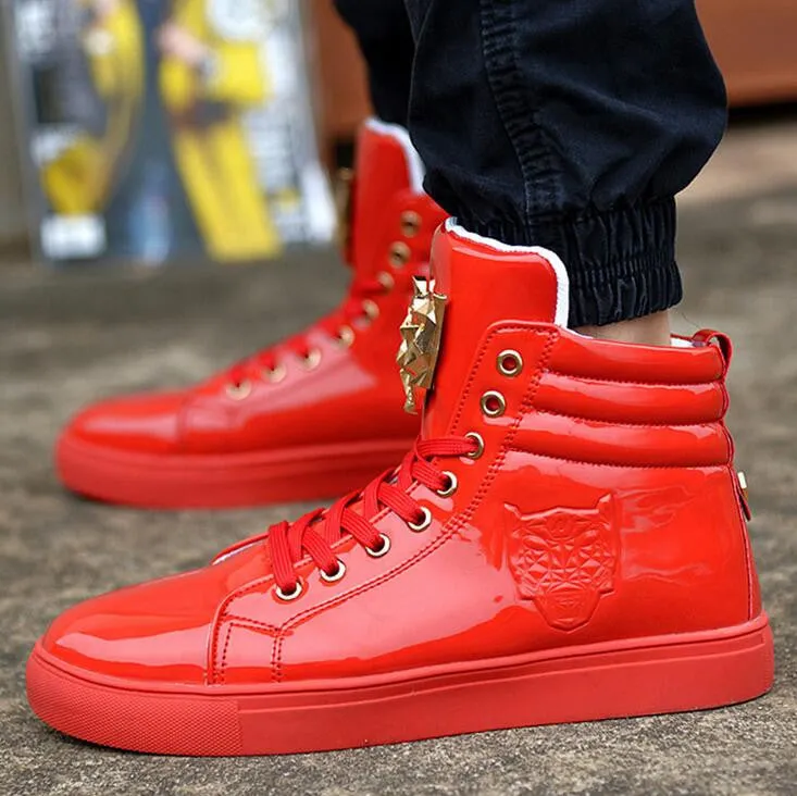 High Top Casual Shoes For Men PU Leather Lace Up Red White Black Color Mens Casual Shoes Men High Top Shoes
