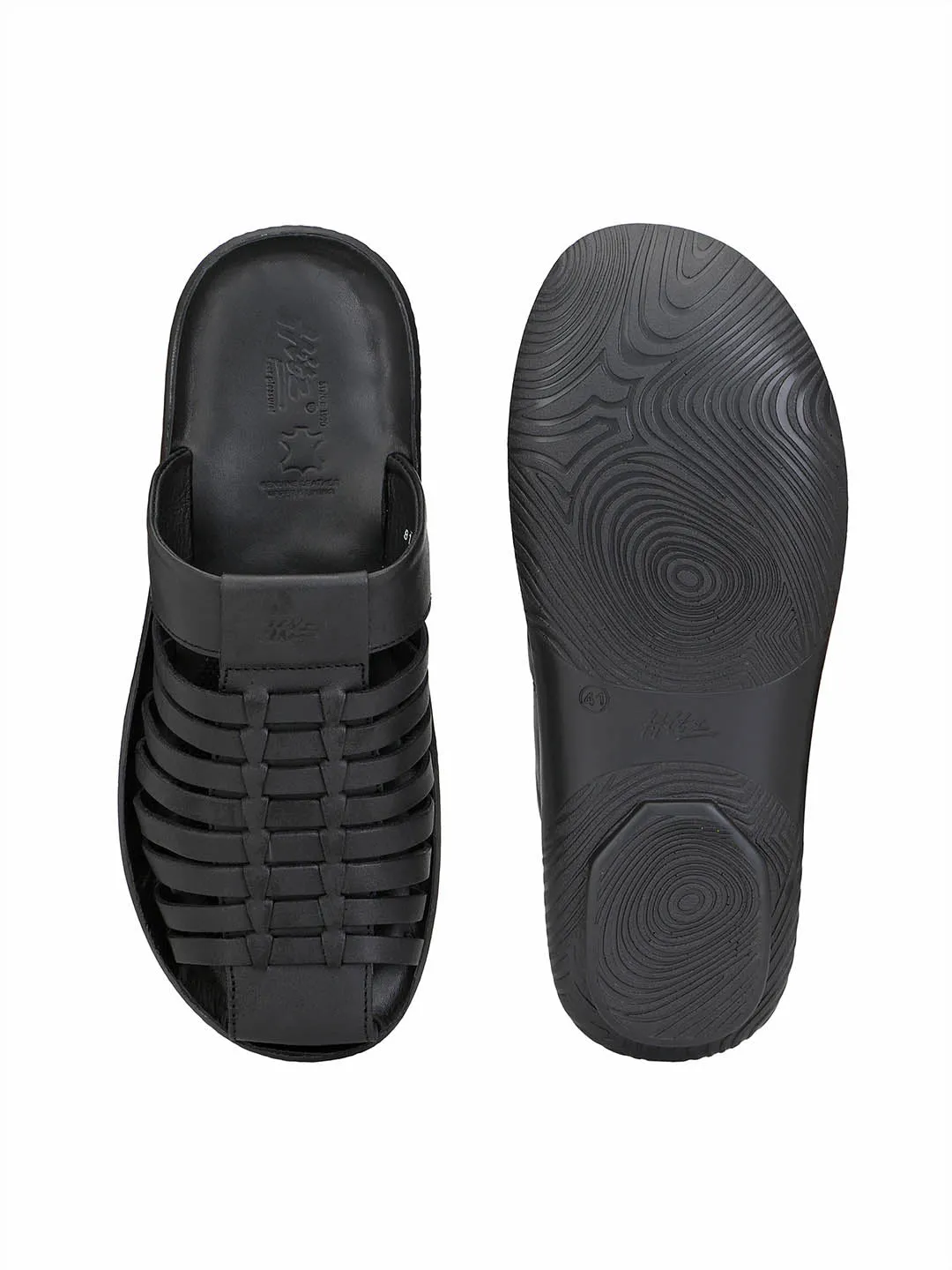 Hitz Men's Black Leather Indoor Outdoor Comfort Slippers