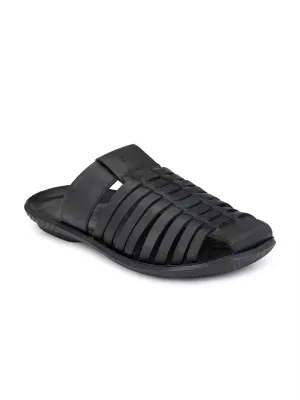Hitz Men's Black Leather Indoor Outdoor Comfort Slippers