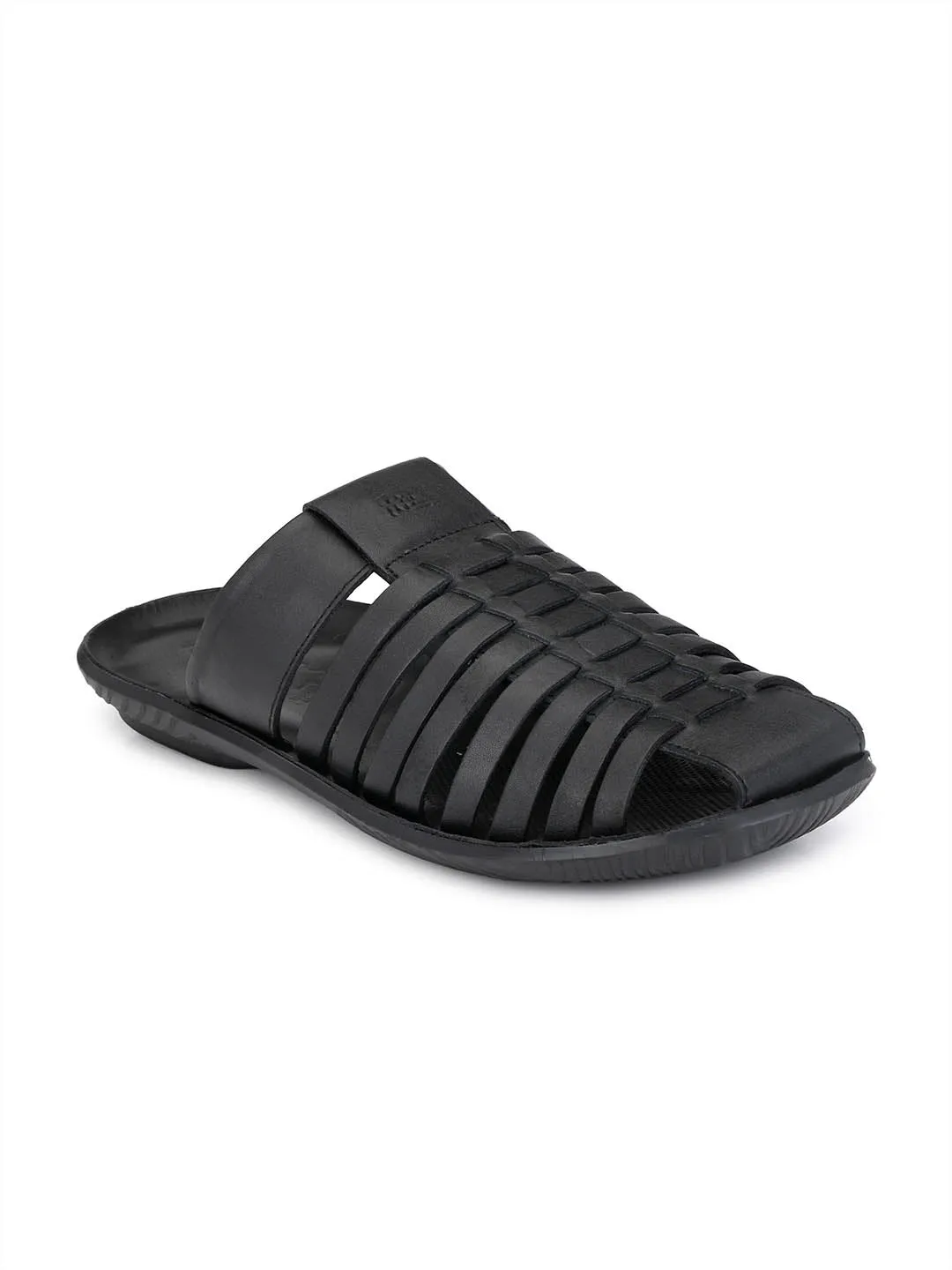 Hitz Men's Black Leather Indoor Outdoor Comfort Slippers