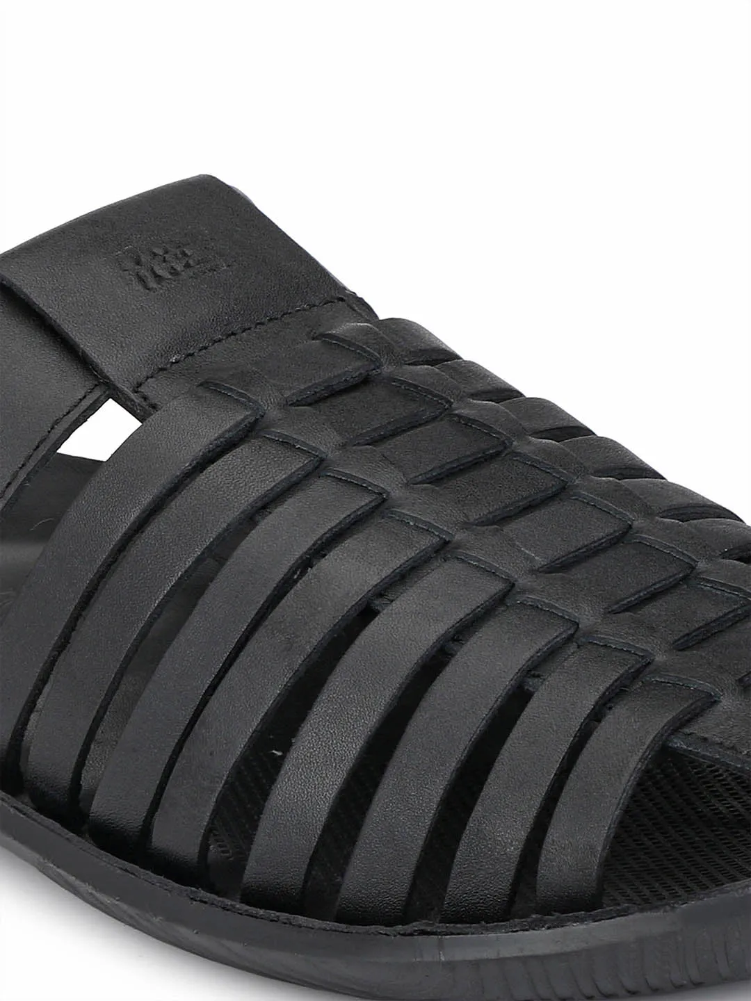 Hitz Men's Black Leather Indoor Outdoor Comfort Slippers
