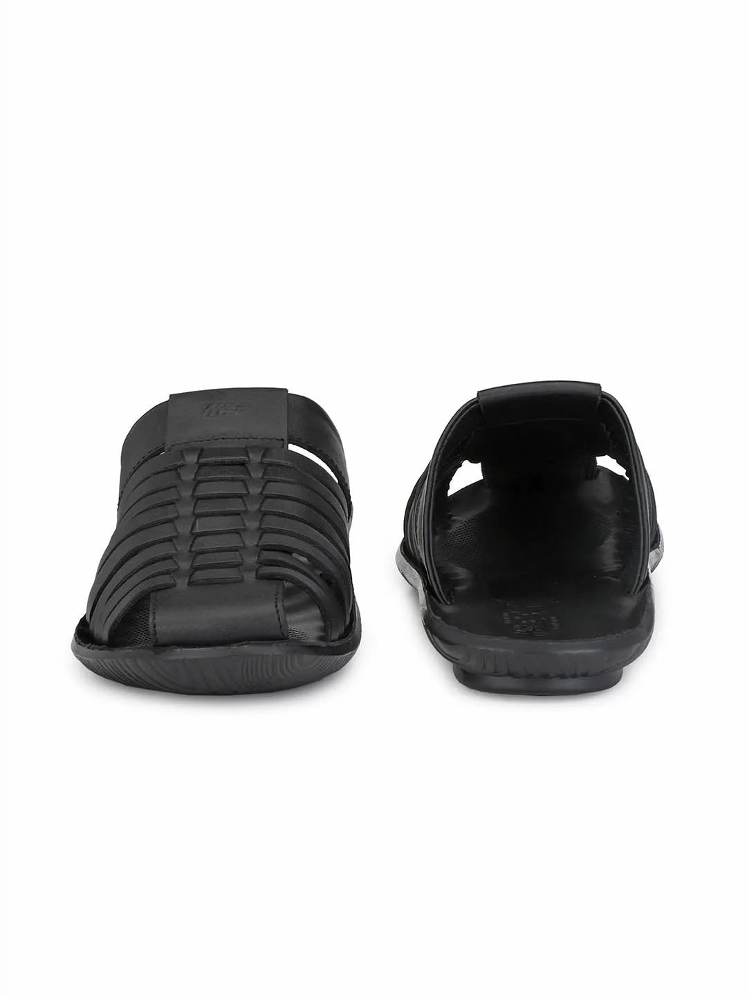 Hitz Men's Black Leather Indoor Outdoor Comfort Slippers