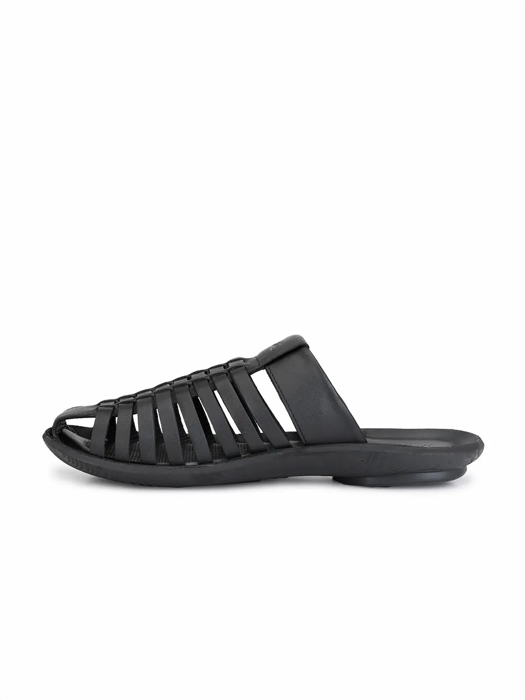 Hitz Men's Black Leather Indoor Outdoor Comfort Slippers