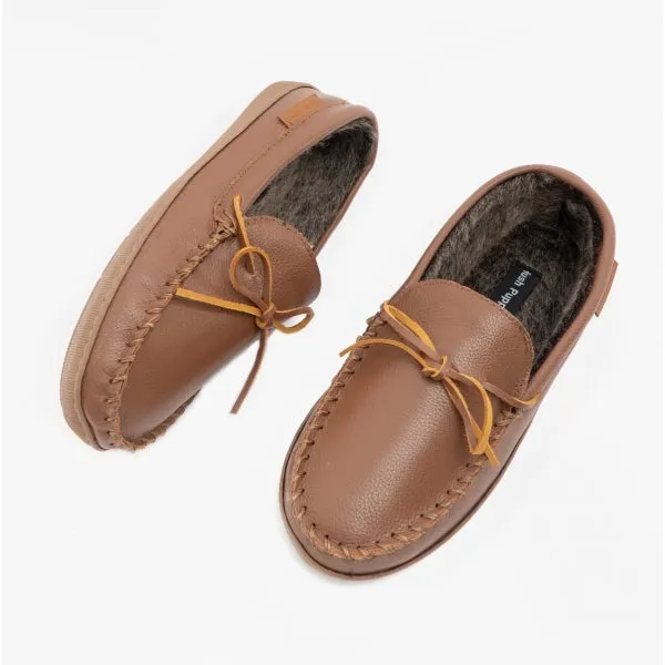 Hush Puppies ACE Mens Leather Moccasin Slippers Tan