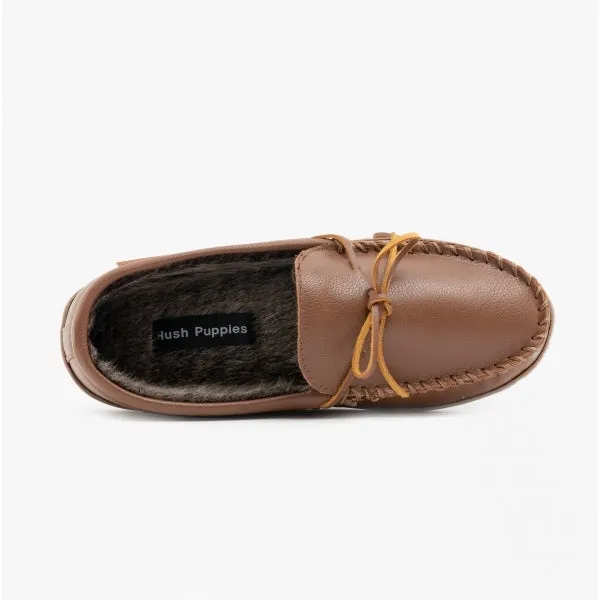 Hush Puppies ACE Mens Leather Moccasin Slippers Tan