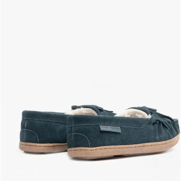 Hush Puppies ADDY Womens Suede Moccasin Slippers Navy