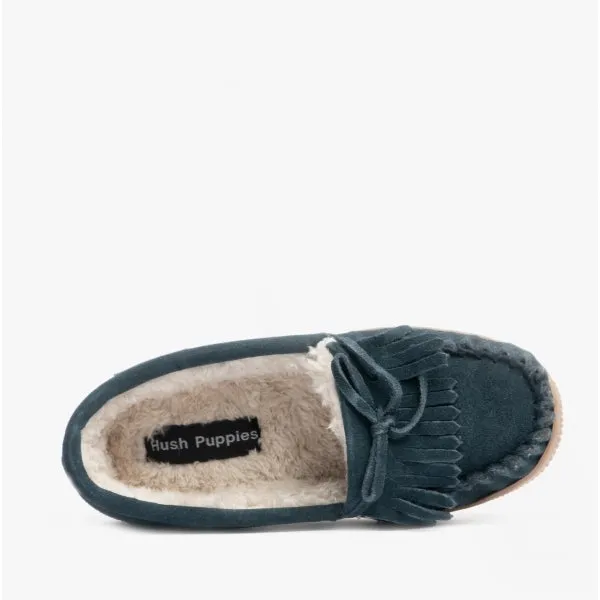 Hush Puppies ADDY Womens Suede Moccasin Slippers Navy