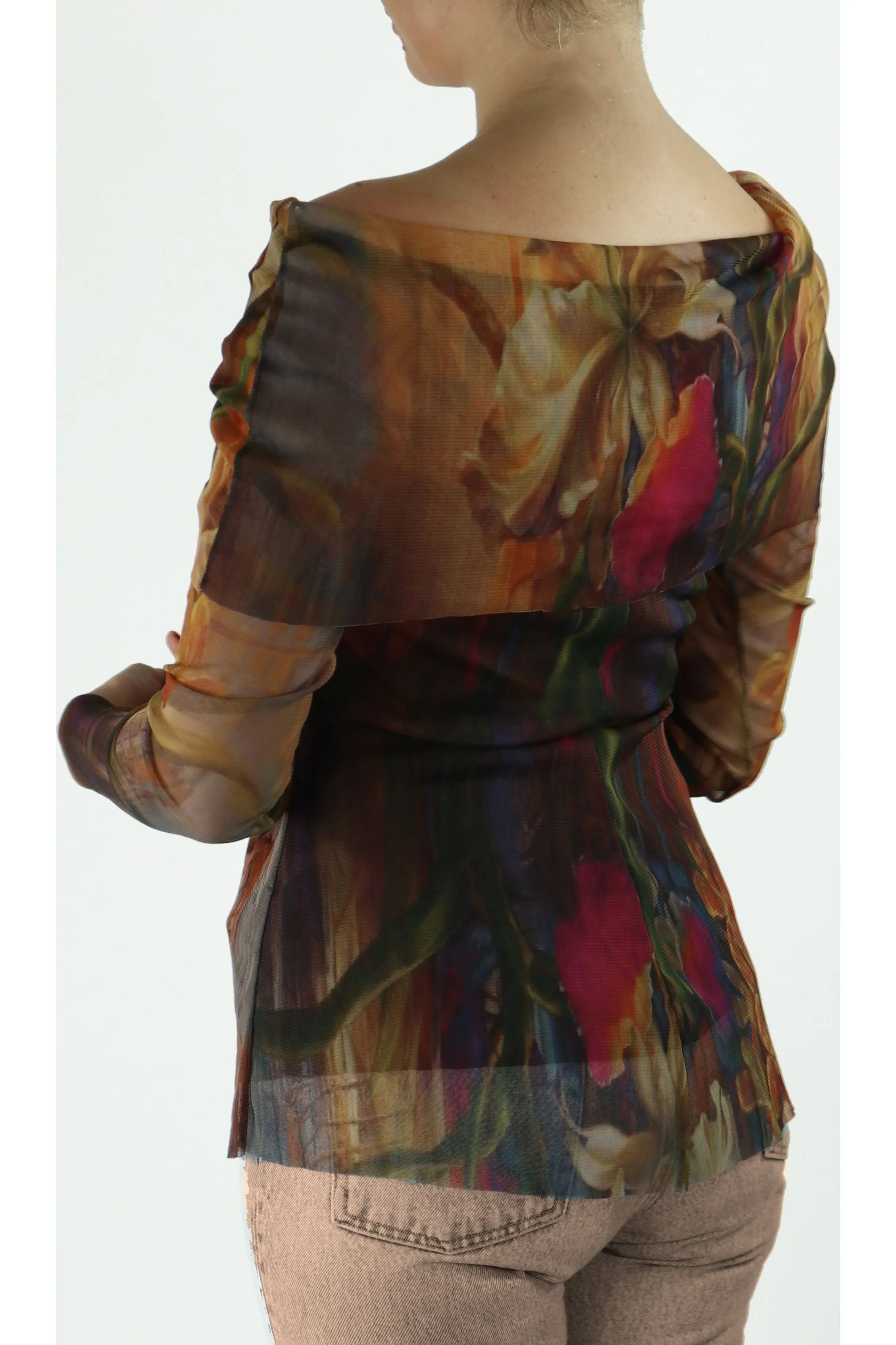 IONNA Draped Neckline Long Sheer Mesh Sleeved Print Top