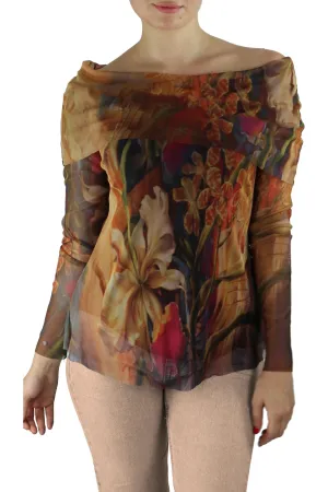 IONNA Draped Neckline Long Sheer Mesh Sleeved Print Top