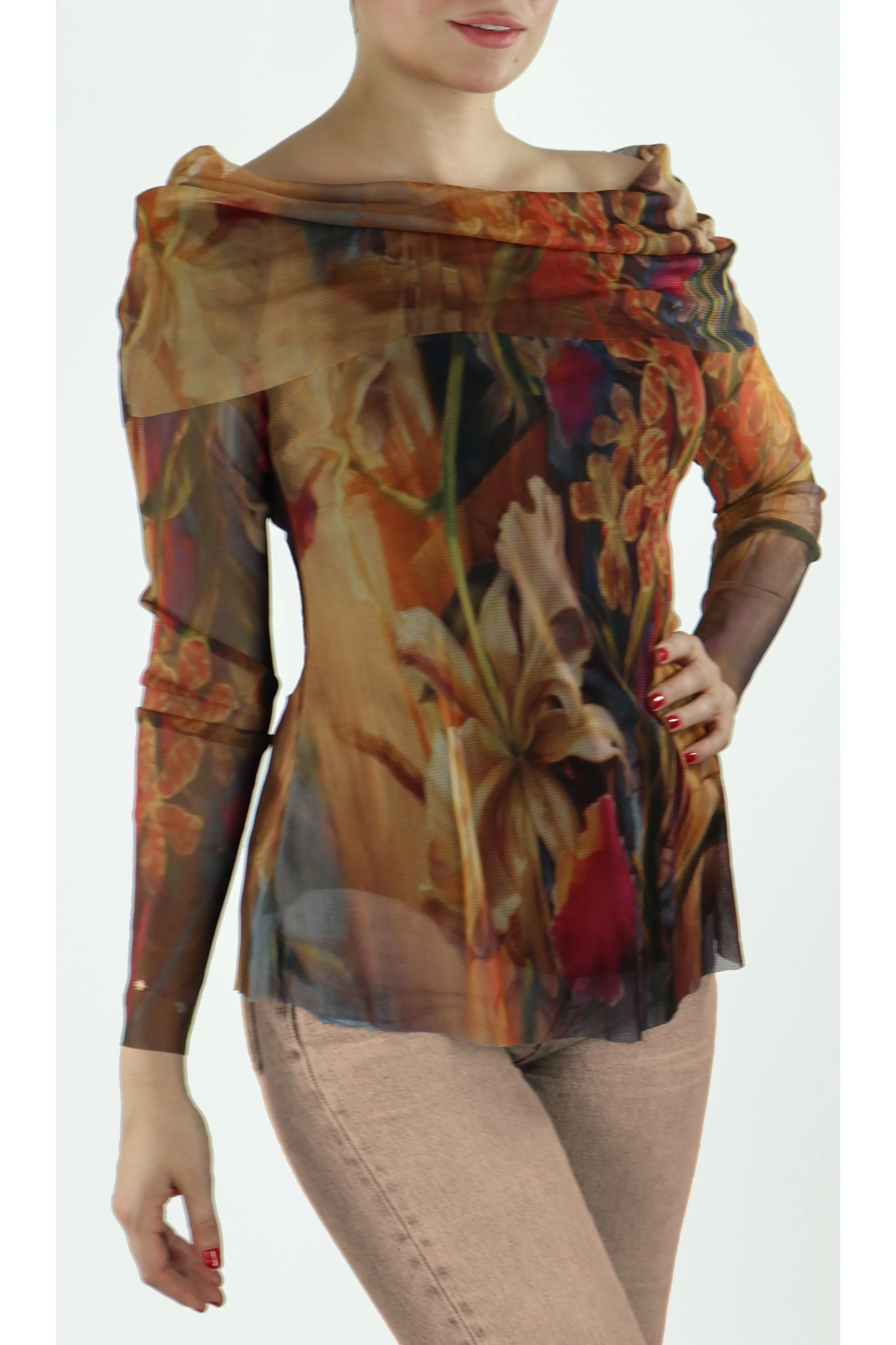 IONNA Draped Neckline Long Sheer Mesh Sleeved Print Top